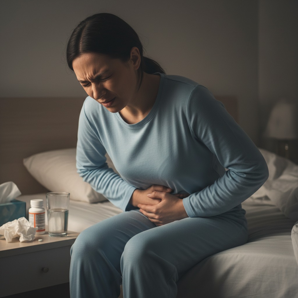 Una mujer sentada en la cama se sujeta el abdomen con expresión de dolor mientras tiene medicamentos y pañuelos sobre la mesa de noche.