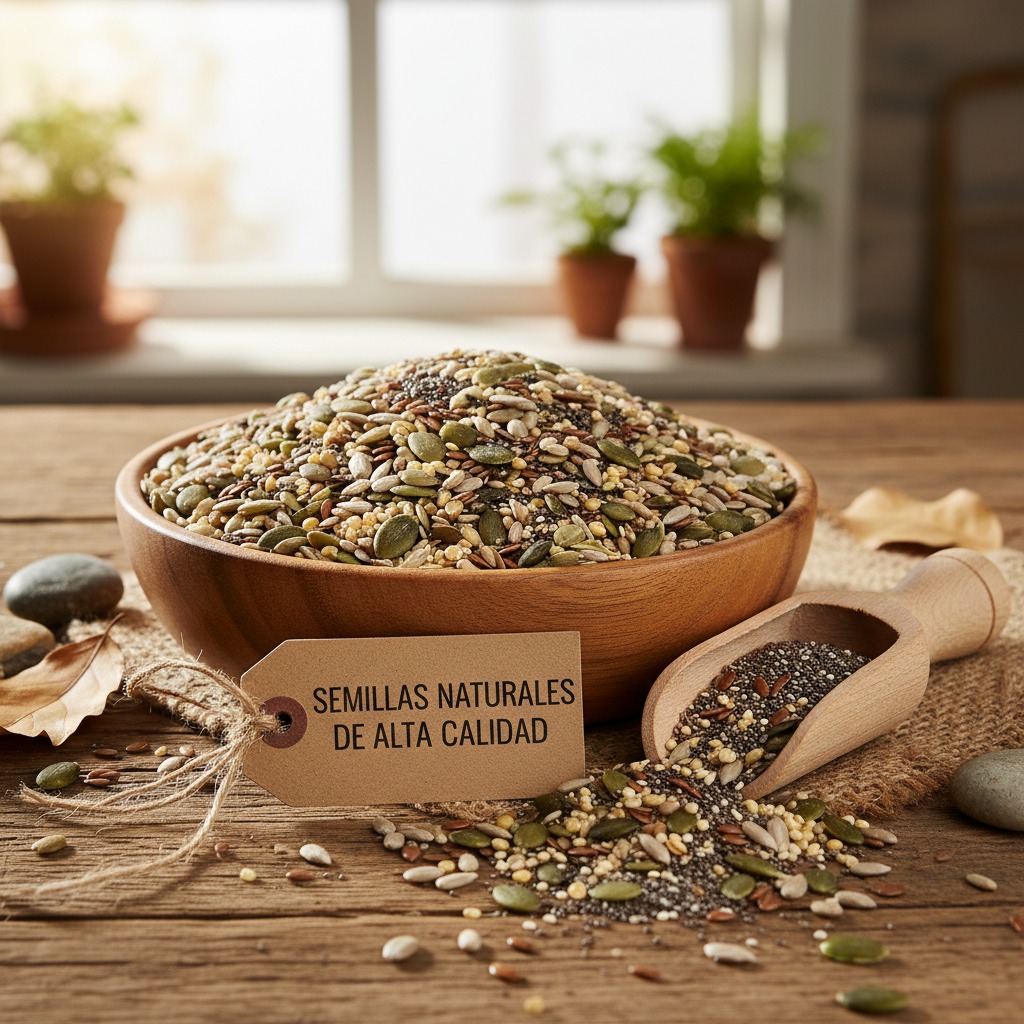 Un tazón de madera lleno de una mezcla de semillas naturales con una etiqueta que dice "Semillas naturales de alta calidad" y una cuchara de madera sobre una mesa rústica.